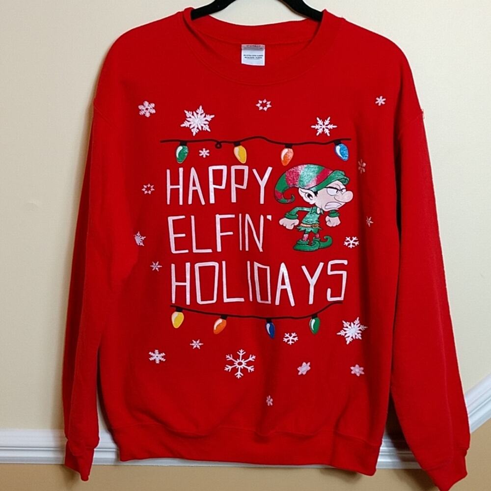 Gildan Heavyweight Happy Elfin' Holidays Red Sweatshirt size Medium Crabby Xmas